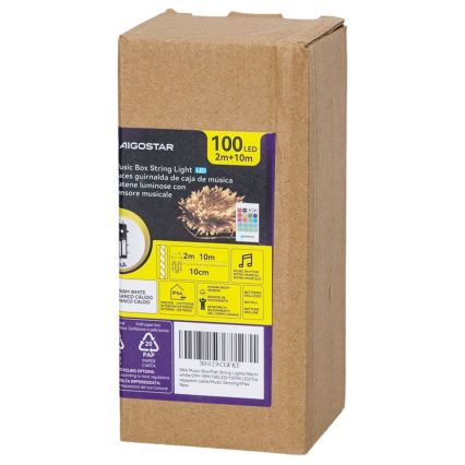 Aigostar - Catena luminosa natalizia LED dimmerabile da esterno con sensore di movimento 100xLED/3xAA 12m bianco caldo + telecomando