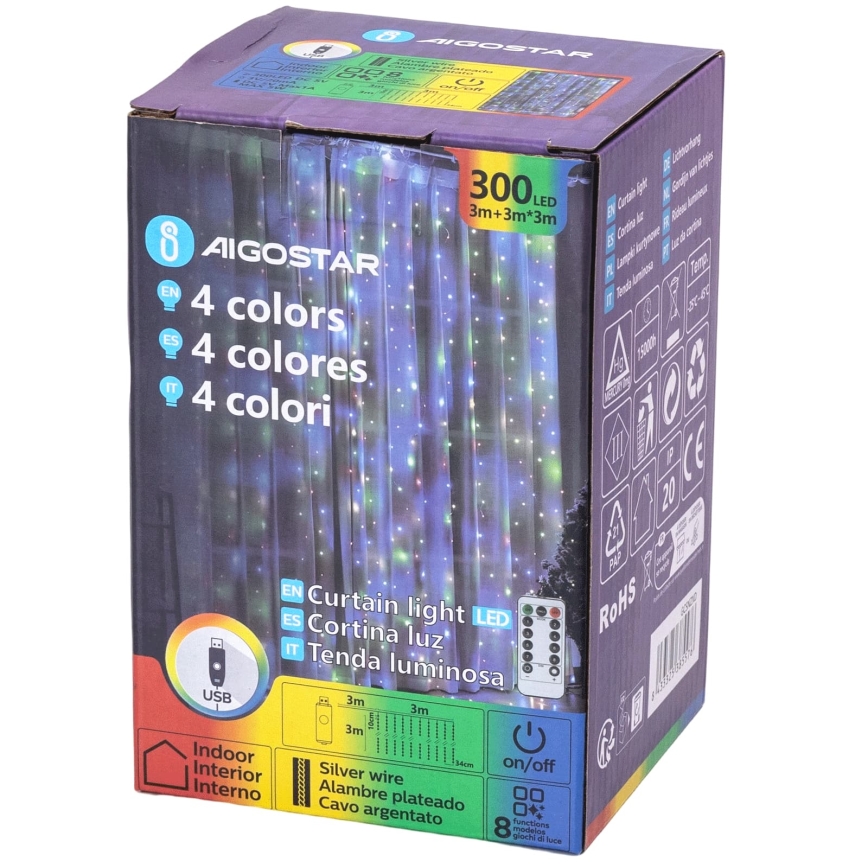 Aigostar - Catena luminosa natalizia LED dimmerabile 300xLED/8 funzioni USB 6x3m multicolore + telecomando