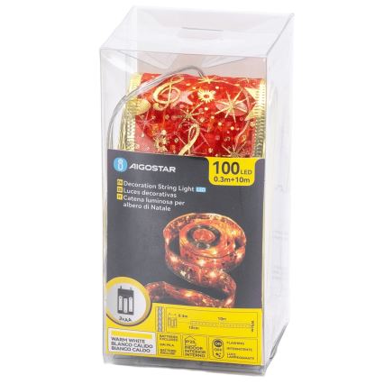 Aigostar - Catena luminosa LED natalizia 100xLED/3xAA 10 m bianco caldo rosso