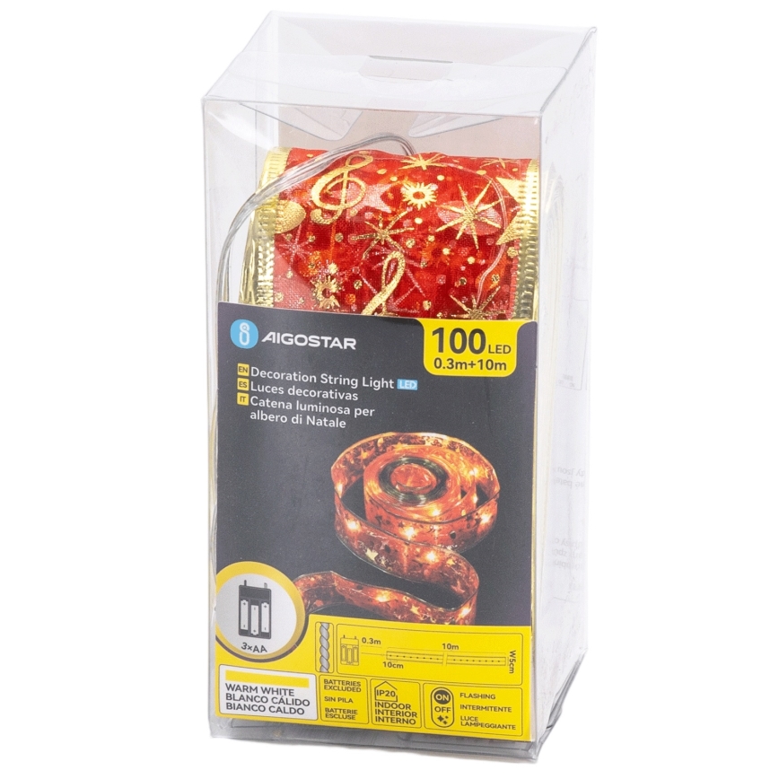 Aigostar - Catena luminosa LED natalizia 100xLED/3xAA 10 m bianco caldo rosso