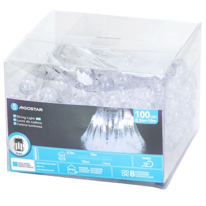 Aigostar - Catena luminosa natalizia LED da esterno 100xLED/8 funzioni 3xAA 10m IP44 bianco freddo a goccia