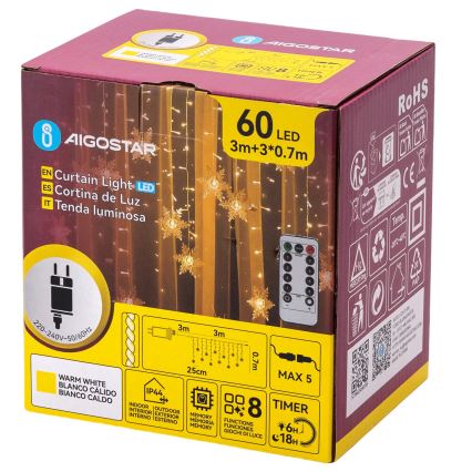Aigostar - Catena luminosa natalizia LED da esterno 120 LED/8 funzioni 3 x 0,7 m IP44 bianco caldo + telecomando