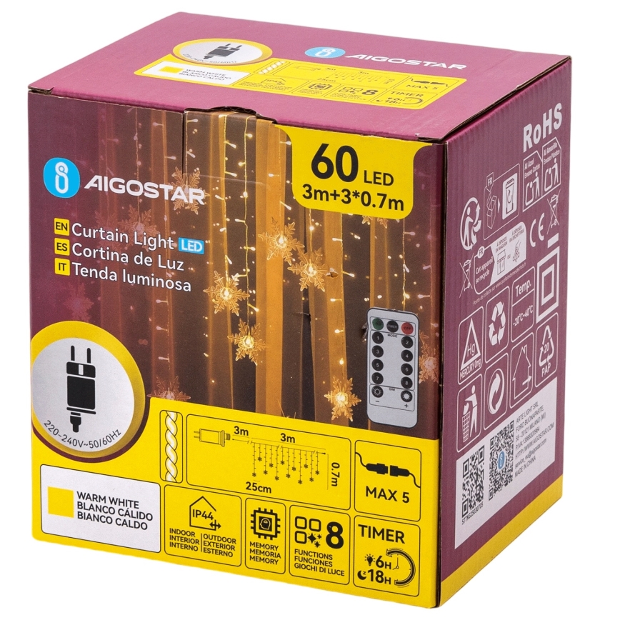 Aigostar - Catena luminosa natalizia LED da esterno 120 LED/8 funzioni 3 x 0,7 m IP44 bianco caldo + telecomando