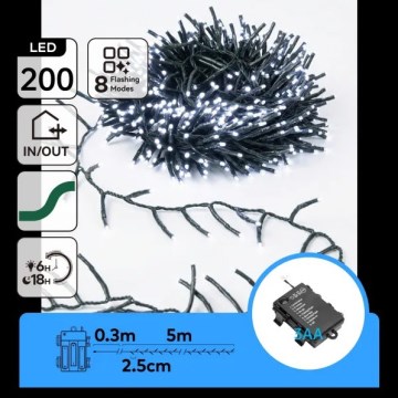 Aigostar - Catena luminosa LED natalizia da esterno 200 LED/8 funzioni 3xAA 5,3 m IP44 bianco freddo
