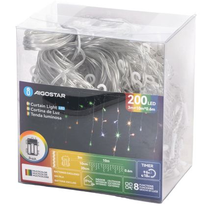 Aigostar - Catena luminosa LED natalizia da esterno 200 LED/8 funzioni 3xAA 13x0,6 m IP44 multicolore
