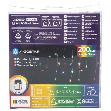 Aigostar - Catena luminosa LED natalizia da esterno 200 LED/8 funzioni 3xAA 13x0,6 m IP44 multicolore