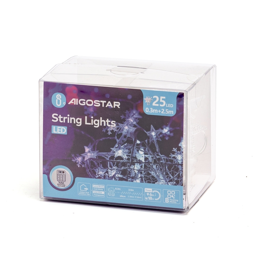 Aigostar - Catena luminosa LED per esterni 25xLED/8 funzioni 3xAA 2,5 m IP44 bianco freddo
