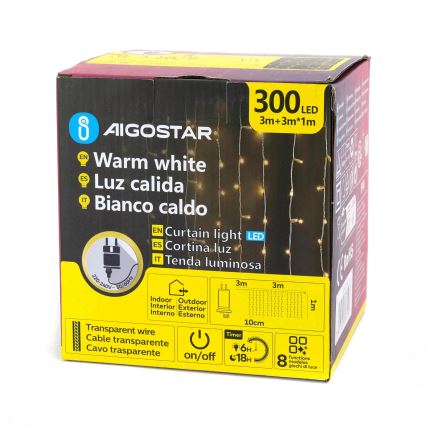 Aigostar - Catena luminosa LED per esterni 300 LED/8 funzioni 3x1m IP44 bianco caldo + telecomando