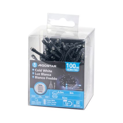 Aigostar - Catena luminosa a LED per esterni, 100 LED, 8 funzioni, alimentazione 3x AA, 5,3 m, IP44, bianco freddo