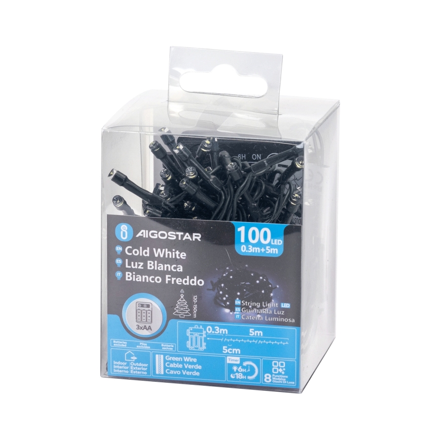Aigostar - Catena luminosa a LED per esterni, 100 LED, 8 funzioni, alimentazione 3x AA, 5,3 m, IP44, bianco freddo