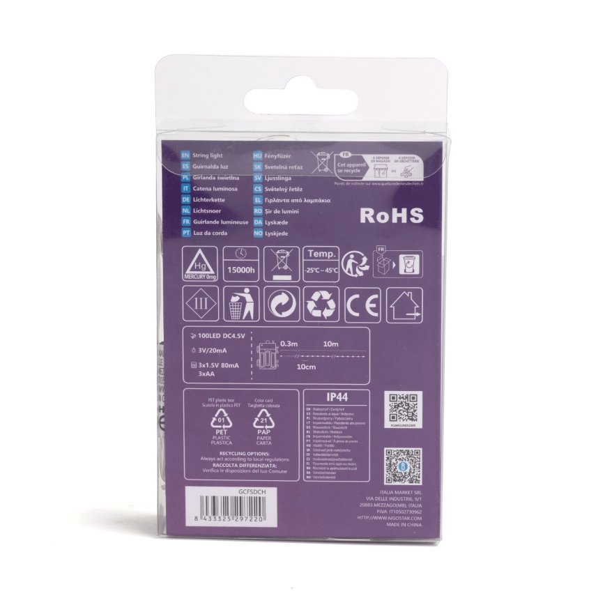 Aigostar - Catena luminosa LED per esterni 100 LED, 8 modalità, alimentazione 3x AA, 10,3 m, IP44, bianco caldo