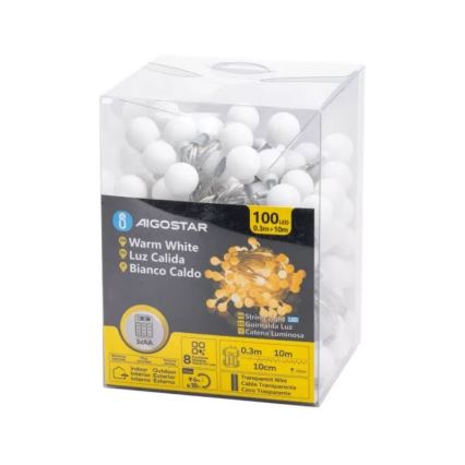 Aigostar - LED catena luminosa natalizia da esterno 100xLED/3xAA/8 funzioni 10,3 m IP44 bianco caldo