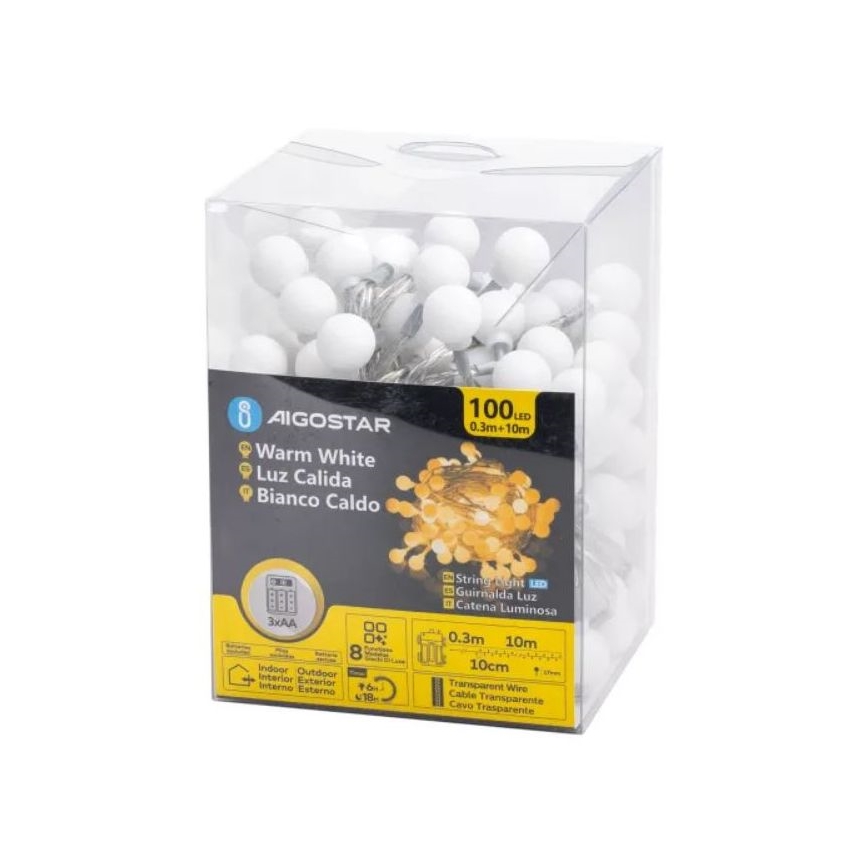 Aigostar - LED catena luminosa natalizia da esterno 100xLED/3xAA/8 funzioni 10,3 m IP44 bianco caldo
