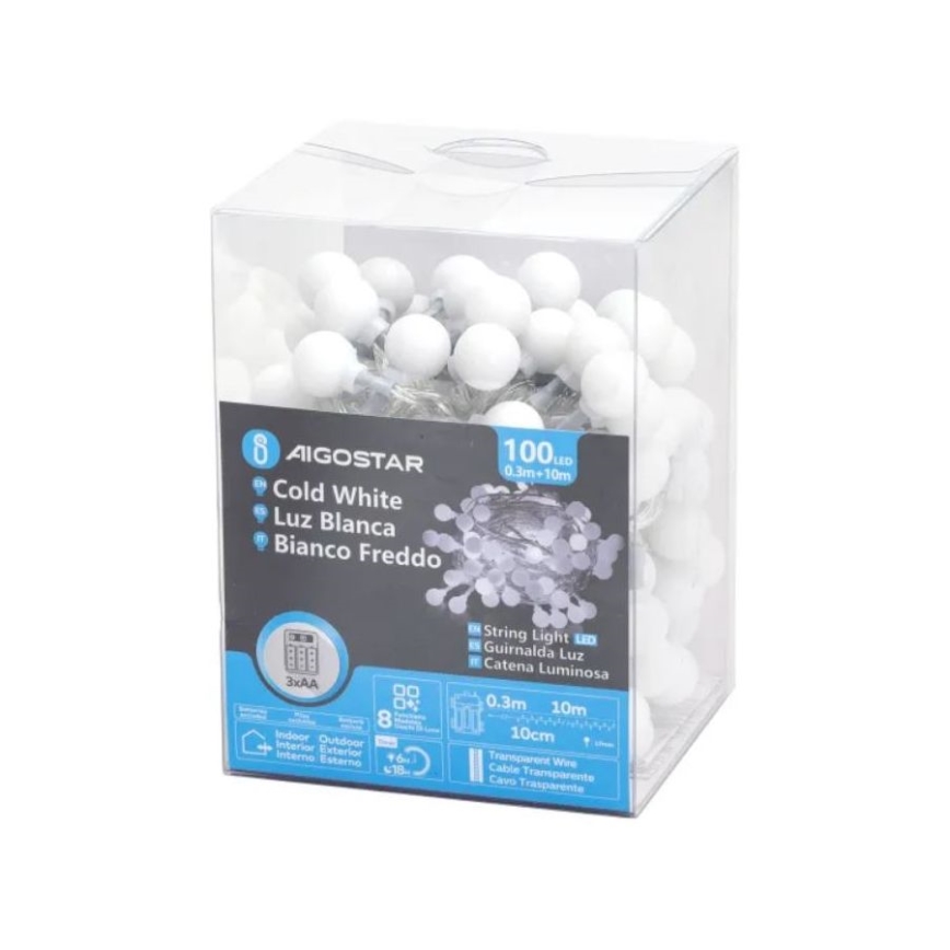 Aigostar - Catena LED per esterni 100 LED/3xAA/8 funzioni 10,3 m IP44 bianco freddo