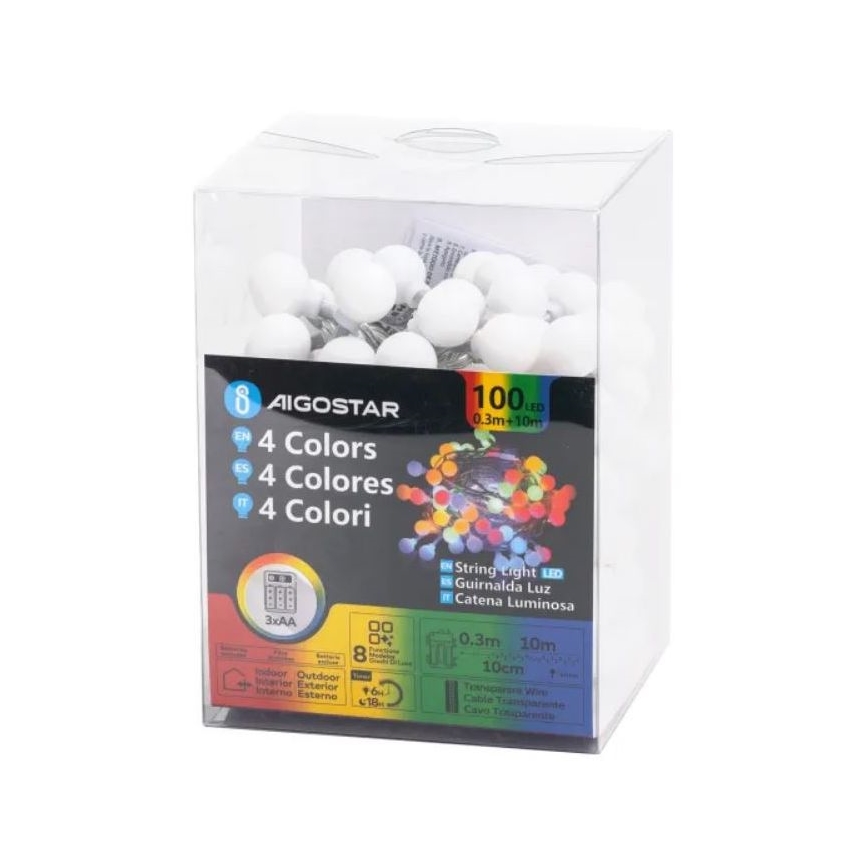 Aigostar - Catena luminosa LED da esterno, 100 LED, 3x pile AA, 8 modalità, 10,3 m, IP44, multicolore