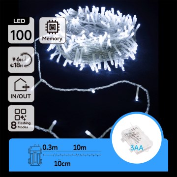 Aigostar - Catena luminosa LED per esterni 100xLED/8 funzioni/3xAA 10,3m IP44 bianco freddo