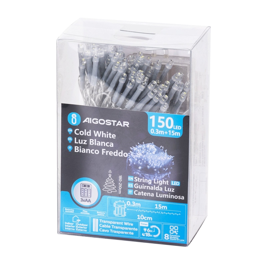 Aigostar - Catena luminosa LED per esterni 150 LED/8 funzioni, 15,3 m, IP44, bianco freddo