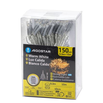 Aigostar - catena luminosa LED per esterni 150 LED, 8 funzioni, 3x AA, 15,3 m, IP44, bianco caldo