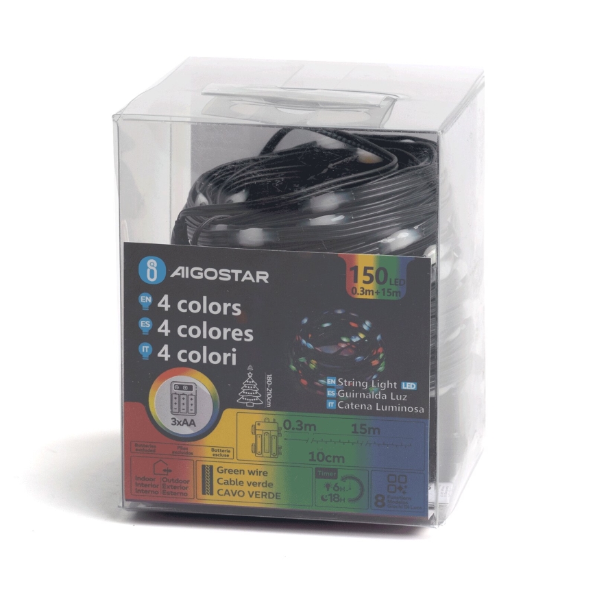 Aigostar - Catena luminosa LED per esterni 150 LED/8 funzioni, alimentazione 3x AA, 15,3 m, IP44, multicolore