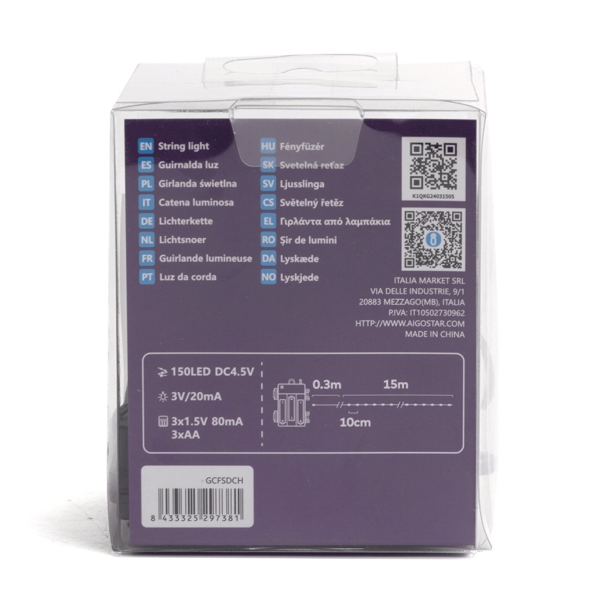 Aigostar - Catena luminosa LED per esterni 150 LED/8 funzioni, alimentazione 3x AA, 15,3 m, IP44, multicolore