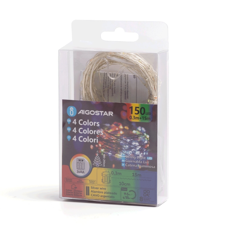 Aigostar - Catena luminosa LED da esterno, 150 LED / 8 modalità / 3 batterie AA, 15,3 m, IP44, multicolore