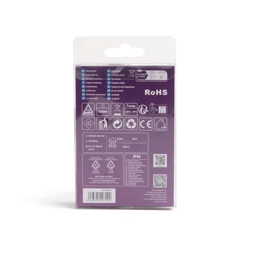 Aigostar - Catena luminosa LED da esterno, 150 LED / 8 modalità / 3 batterie AA, 15,3 m, IP44, multicolore