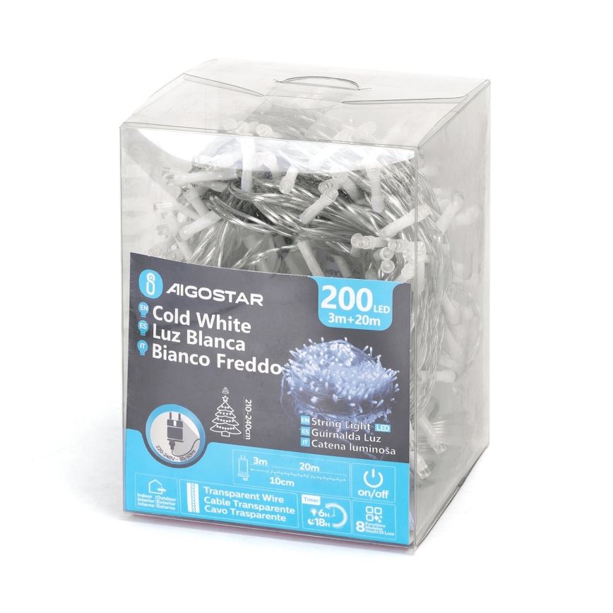 Aigostar - Catena luminosa LED per esterni, 200 LED, 8 modalità, 23 m, IP44, bianco freddo