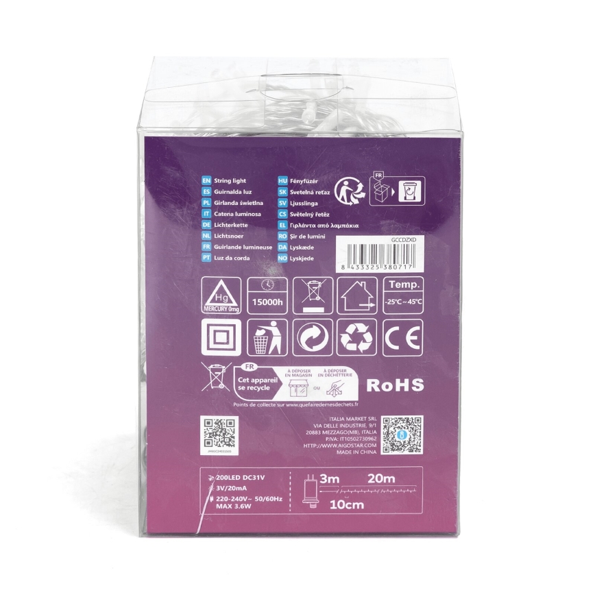 Aigostar - Catena luminosa LED per esterni, 200 LED, 8 modalità, 23 m, IP44, bianco freddo