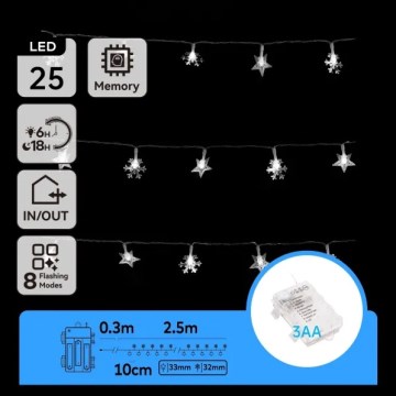 Aigostar - Catena luminosa LED per esterni 25xLED/8 funzioni 3xAA 2,5 m IP44 bianco freddo