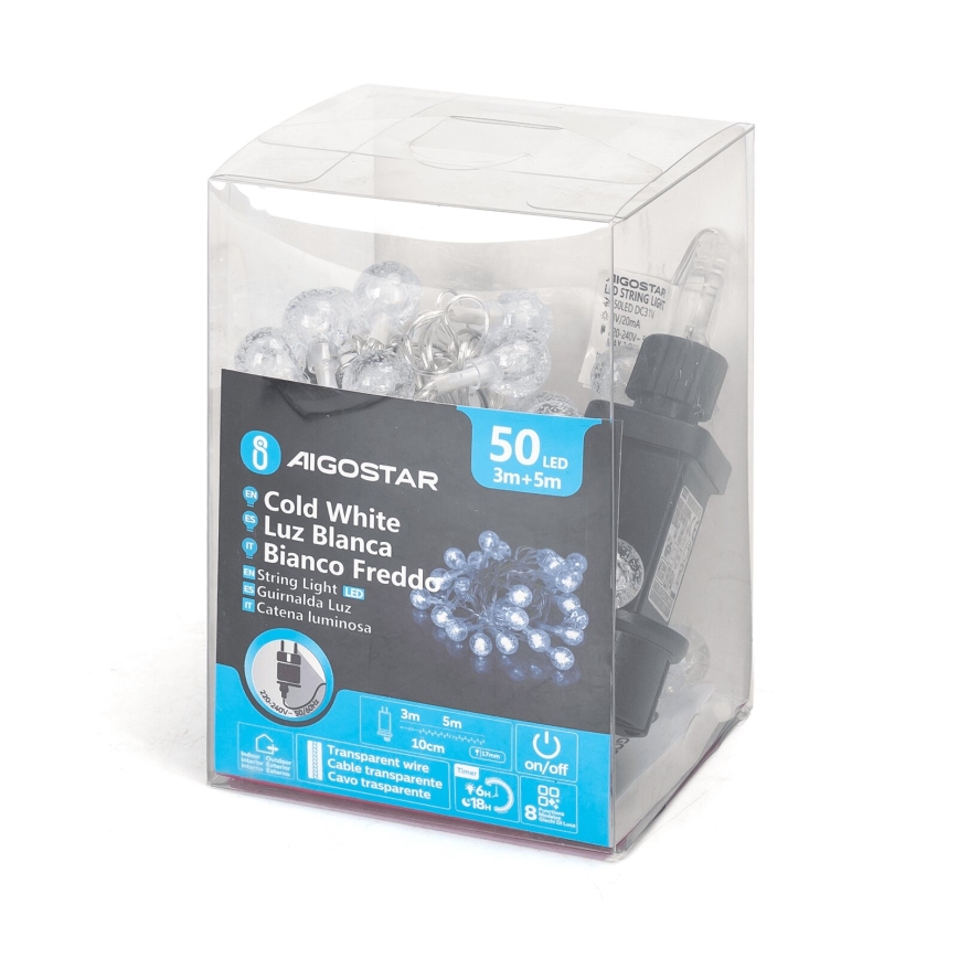 Aigostar - Catena luminosa LED per esterni 50 LED, 8 funzioni, 8 m, IP44, bianco freddo