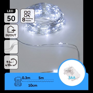 Aigostar - Catena luminosa LED per esterni 50 LED, alimentazione 3xAA, 5,3 m, bianco freddo