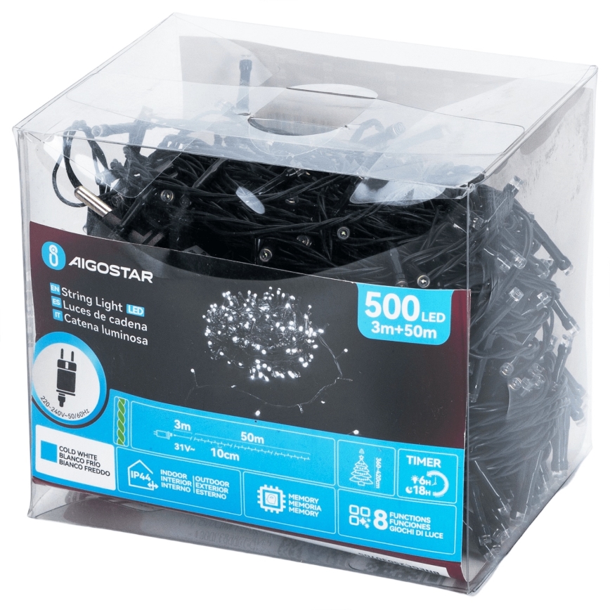 Aigostar - Catena luminosa LED per esterni 500 LED/8 funzioni, 53 m, IP44, bianco freddo