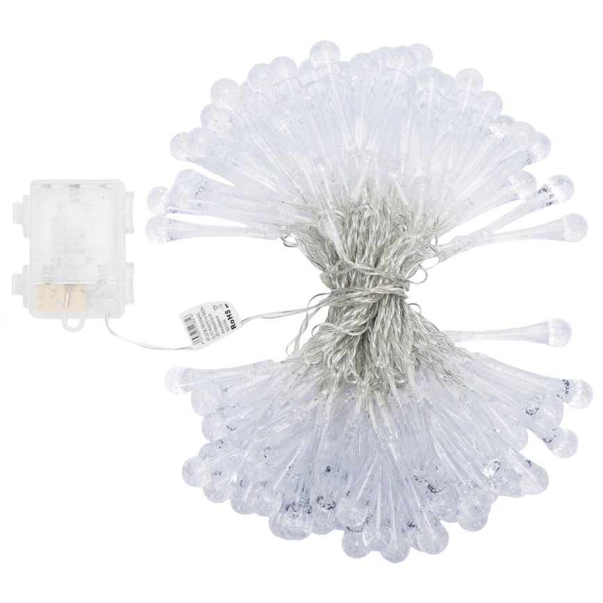 Aigostar - Catena luminosa natalizia LED da esterno 100xLED/8 funzioni 3xAA 10m IP44 bianco freddo a goccia