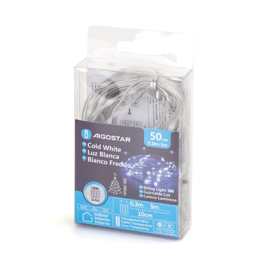 Aigostar - Catena luminosa LED per Natale 50xLED/3xAA 5,3m bianco freddo