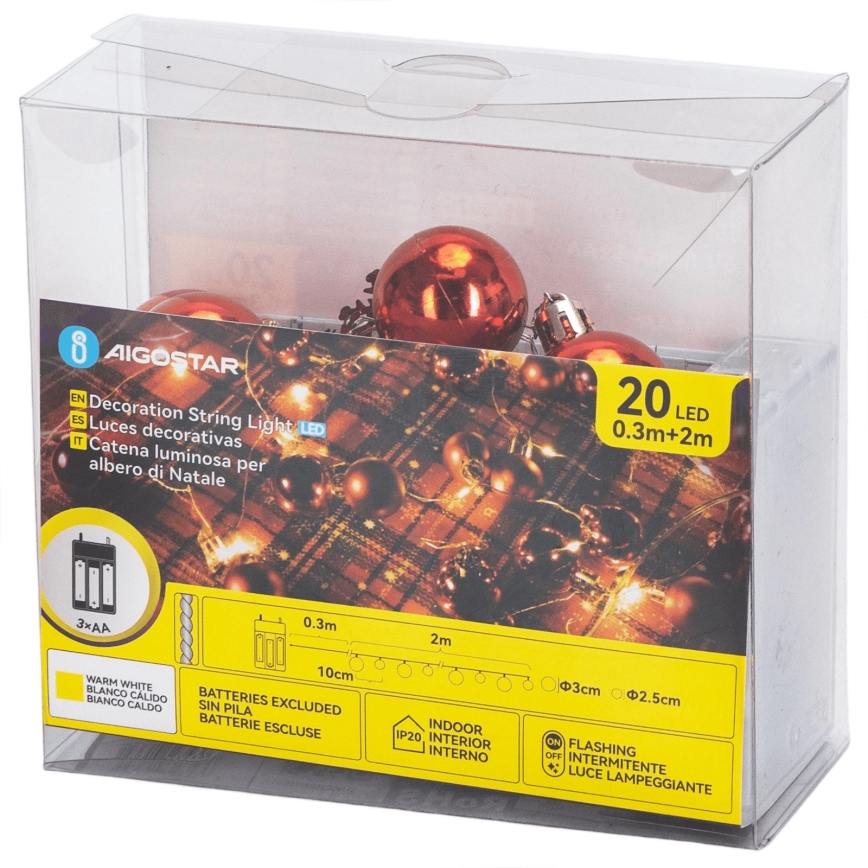Aigostar - Catena luminosa natalizia a LED 20xLED/3xAA 2m bianco caldo