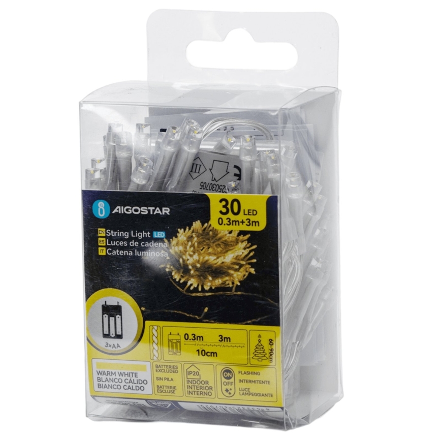 Aigostar - Catena luminosa natalizia a LED 30xLED/3xAA 3,3m bianco caldo