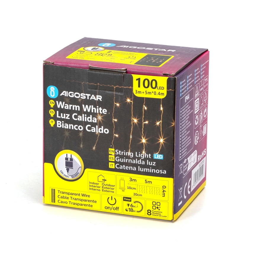 Aigostar - Catena luminosa natalizia a LED da esterno 100xLED/8 funzioni 8x0,4m IP44 bianco caldo