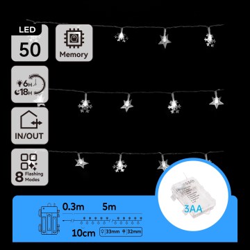 Aigostar - Catena luminosa natalizia a LED da esterno, 50 LED, 8 funzioni, 3x AA, 5 m, IP44, bianco freddo