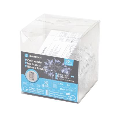 Aigostar - Catena luminosa natalizia a LED da esterno, 50 LED, 8 funzioni, 3x AA, 5 m, IP44, bianco freddo