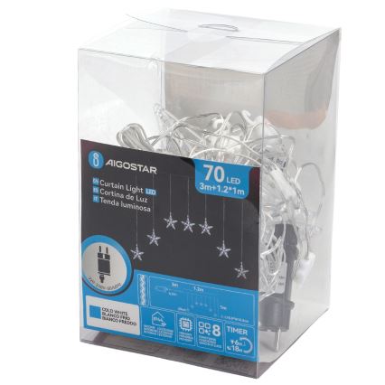 Aigostar - LED Catena natalizia da esterno 70xLED 1,2x1m IP44 bianco freddo stelle