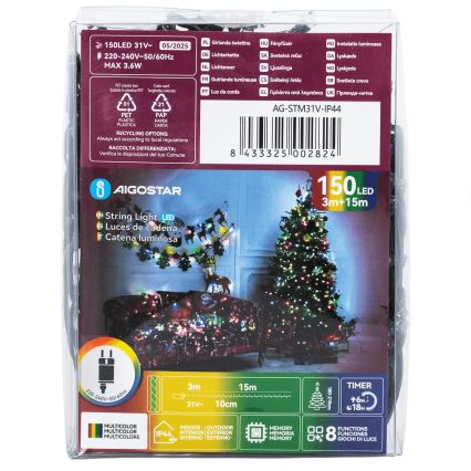 Aigostar - Catena luminosa natalizia a LED per esterni, 150 LED, 8 funzioni, 18 m, IP44, multicolore