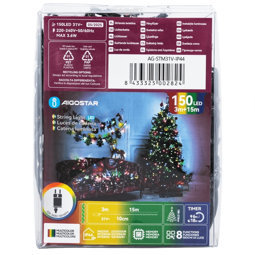Aigostar - Catena luminosa natalizia a LED per esterni, 150 LED, 8 funzioni, 18 m, IP44, multicolore