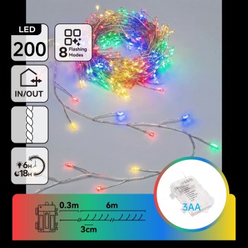 Aigostar - Catena luminosa natalizia a LED per esterni 200 LED/8 funzioni 3xAA 6,3m IP44 multicolore
