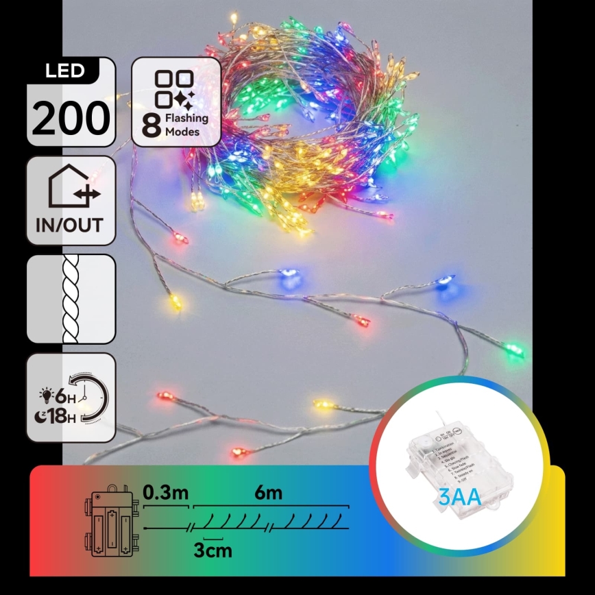 Aigostar - Catena luminosa natalizia a LED per esterni 200 LED/8 funzioni 3xAA 6,3m IP44 multicolore