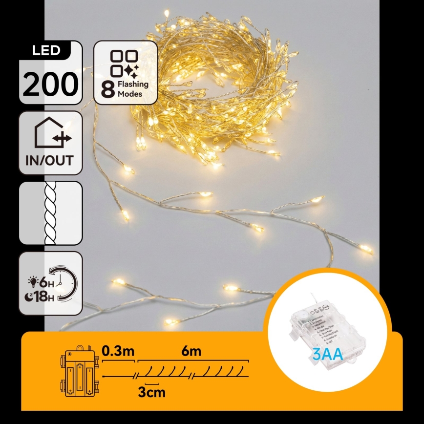 Aigostar - Catena luminosa natalizia a LED per esterni 200xLED/8 funzioni 3xAA 6,3m IP44 bianco caldo