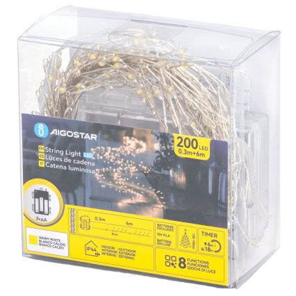 Aigostar - Catena luminosa natalizia a LED per esterni 200xLED/8 funzioni 3xAA 6,3m IP44 bianco caldo