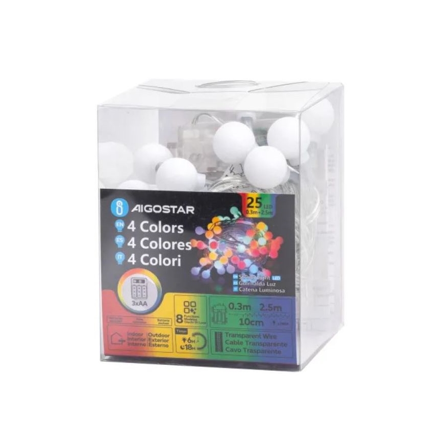 Aigostar - Catena luminosa natalizia a LED per esterni 25xLED/3xAA/8 funzioni 2,8 m IP44 multicolore