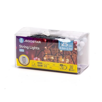 Aigostar - Catena luminosa natalizia a LED per esterni 25xLED/8 funzioni 3xAA 2,8m IP44 bianco caldo