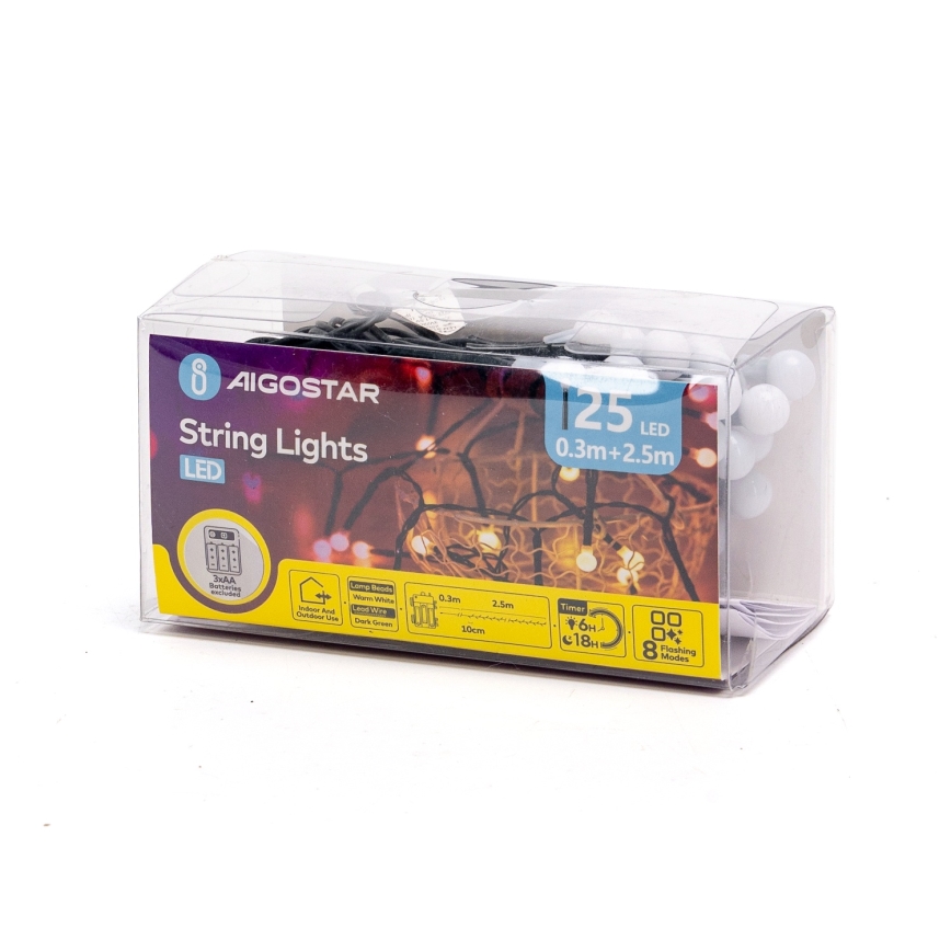 Aigostar - Catena luminosa natalizia a LED per esterni 25xLED/8 funzioni 3xAA 2,8m IP44 bianco caldo