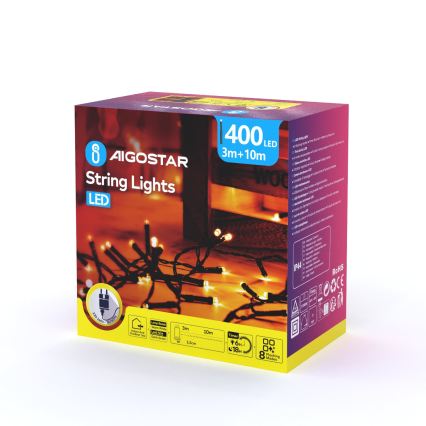 Aigostar - Catena luminosa natalizia a LED per esterni 400 LED/8 funzioni 13m IP44 bianco caldo